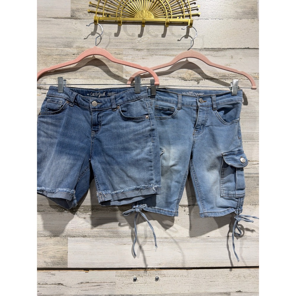 Cat & Jack Wallflower Shorts Girls 10/12 Blue Denim Cargo Stretch Bundle EUC
